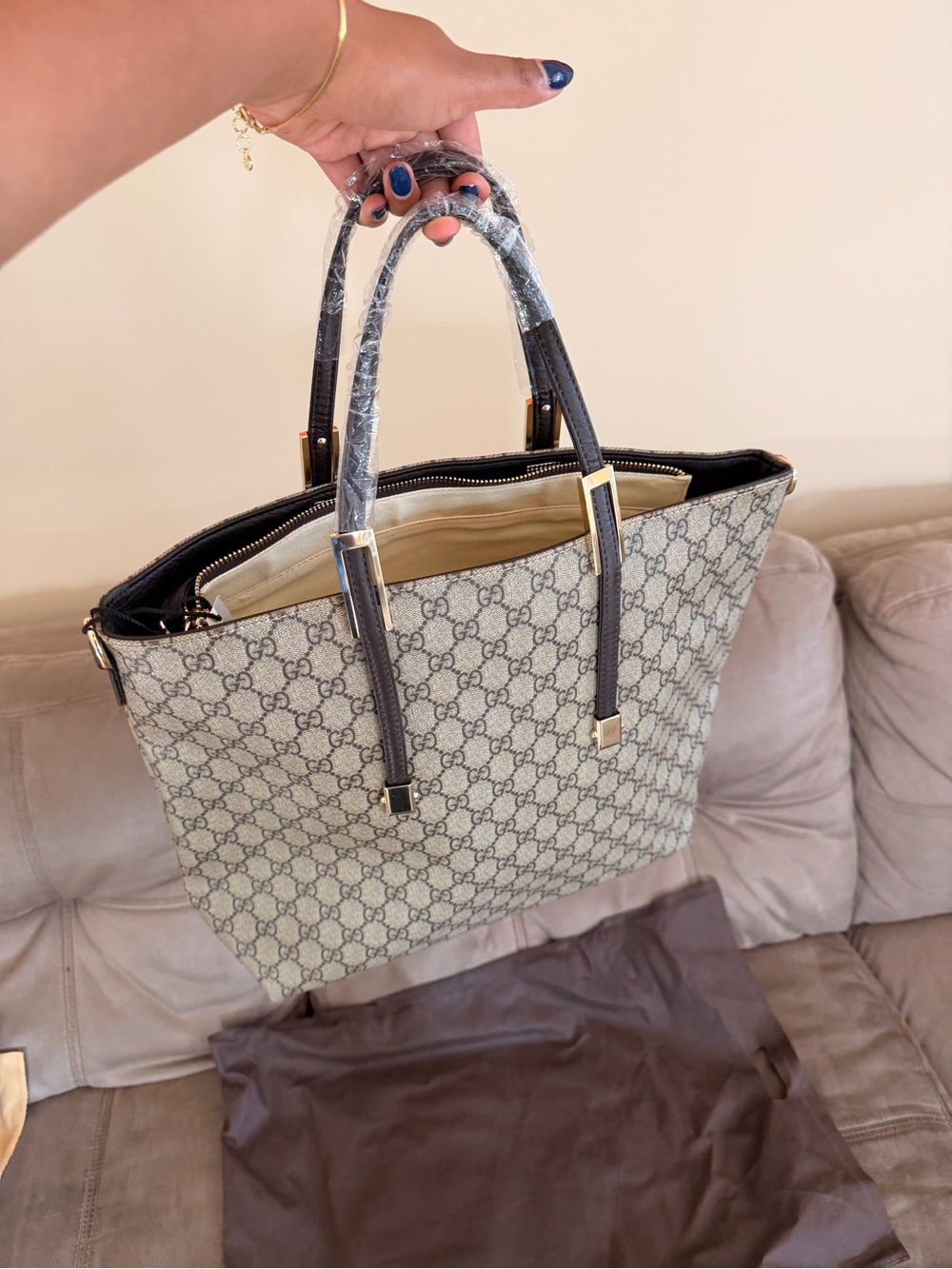 Gucci Beige GG Canvas Tote with Dark Brown Leather Trim and Gold Hardware